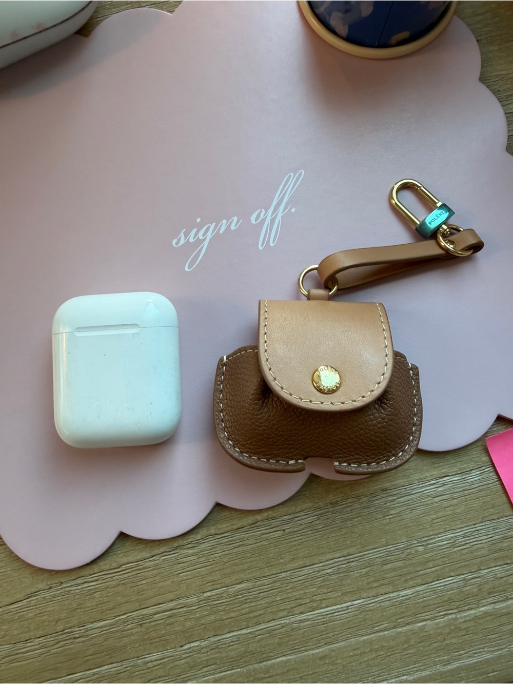 Authentic Polène Leather AirPod Max Case in Two-Tone Tan w Gold Button